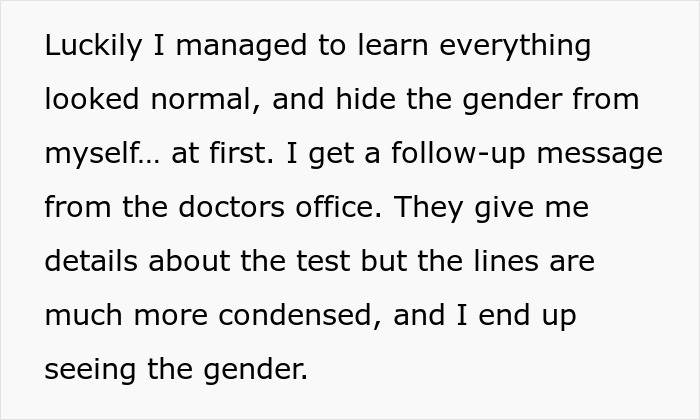 Text explaining how the husband might have spoiled the gender of their baby after seeing condensed test details.