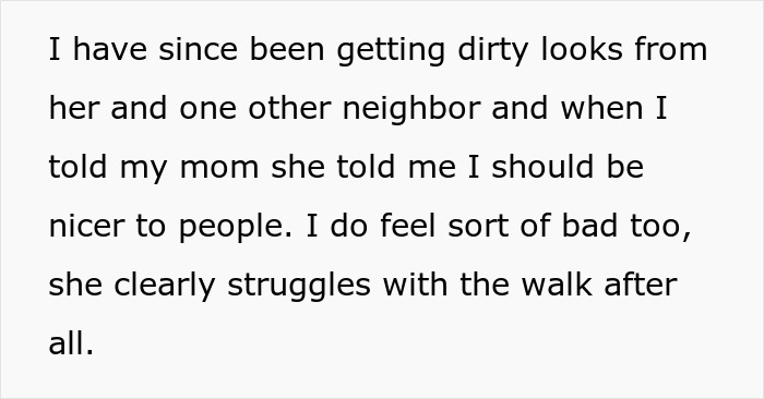 Alt text: Text discussing a disabled woman struggling with walking and neighbor tensions over driveway ownership.