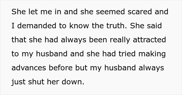 Text excerpt discussing a lady confronting her bestie about attraction to her husband and possible hidden affair.