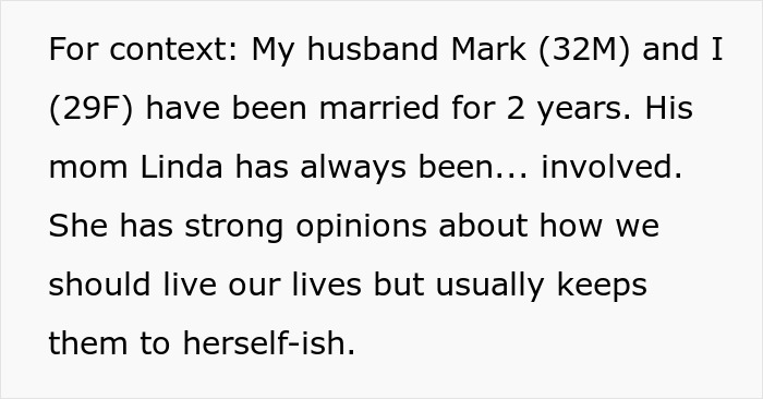 Text excerpt showing a woman explaining her situation with her husband&rsquo;s mom being overly involved in their lives.
