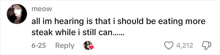 Text message on social media about eating more steak, illustrating thoughts on mortality and passing away.