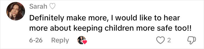 Comment from user Sarah with profile picture, expressing interest in hearing more about keeping children safe, posted on June 26.