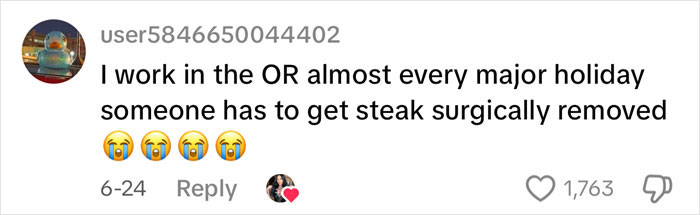 Screenshot of a social media comment about working in the OR and removing steak surgically related to autopsy tech revelations.