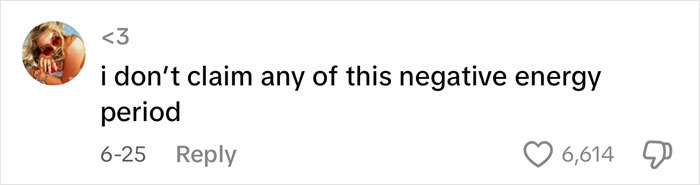 Comment about not claiming negative energy during a period, shown on a social media post with likes and replies.