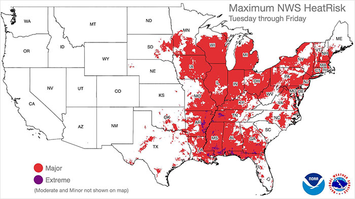 Map of 18 states with major and extreme heat risk advising Americans to avoid drinking alcohol due to extreme heat conditions. - 3