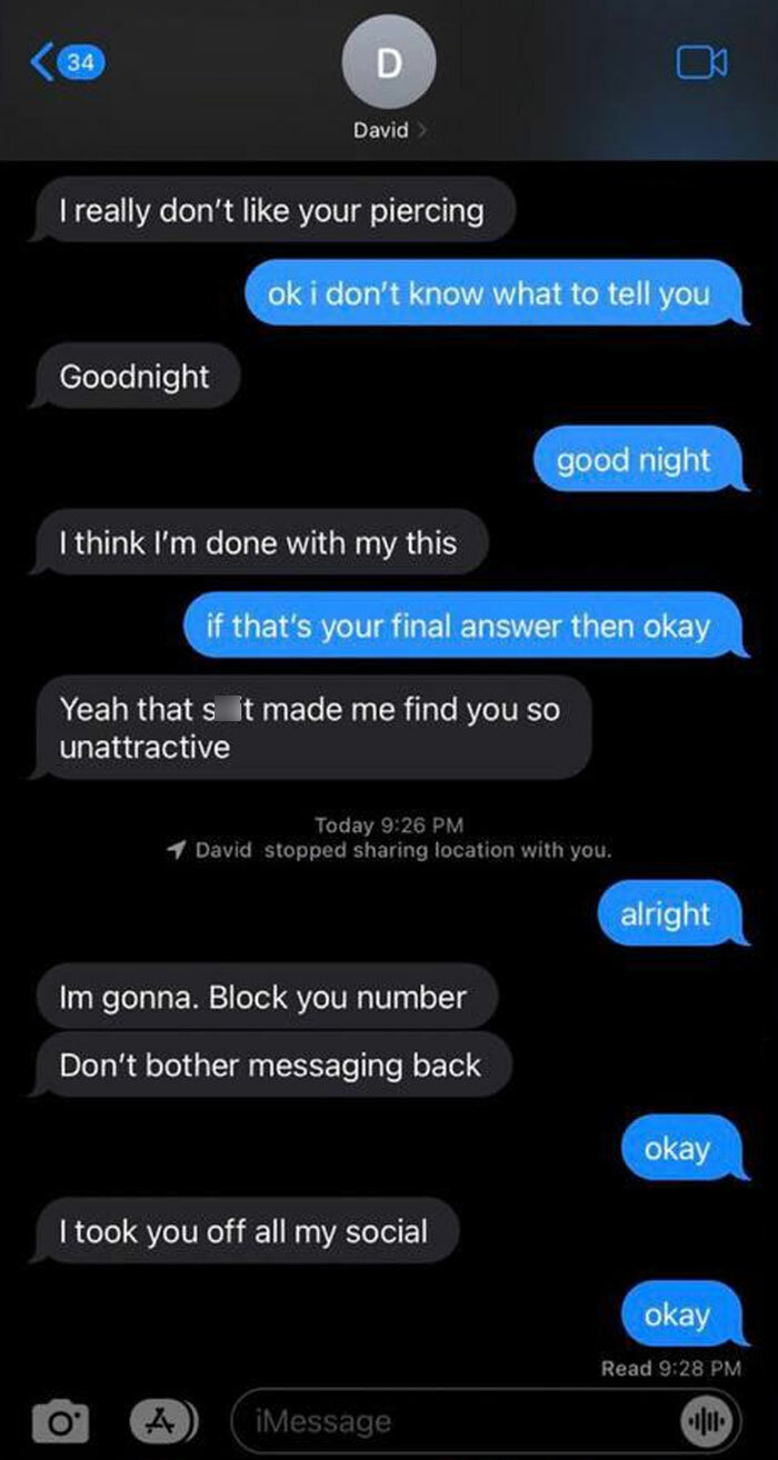 Text message exchange illustrating challenges of finding love online with blunt and rejecting responses.