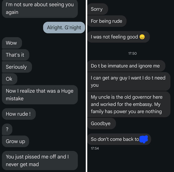 Text message conversation showing a tense breakup debate, illustrating the challenges of finding love online.