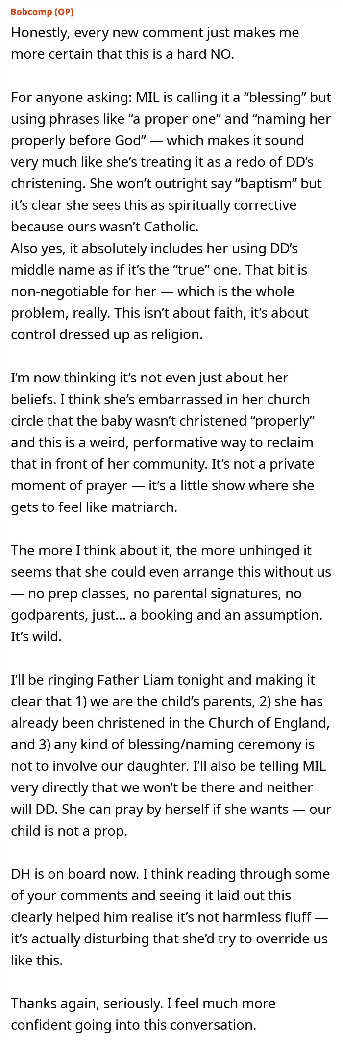 Text from a parenting forum discussing MIL demanding a more Christian baby name and mom feeling uncomfortable with the situation.