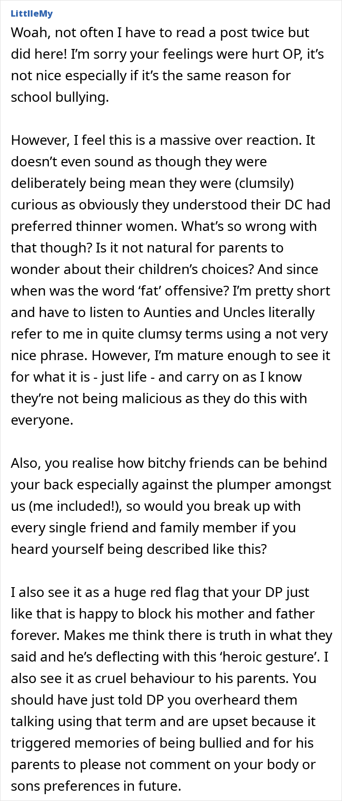 Woman shocked after overhearing boyfriend&rsquo;s parents discussing her, feeling hurt and unwilling to see them again.