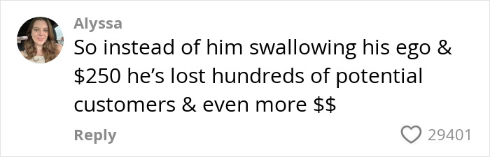 Comment from Alyssa discussing the chef losing hundreds of potential customers after conflict with a micro influencer.