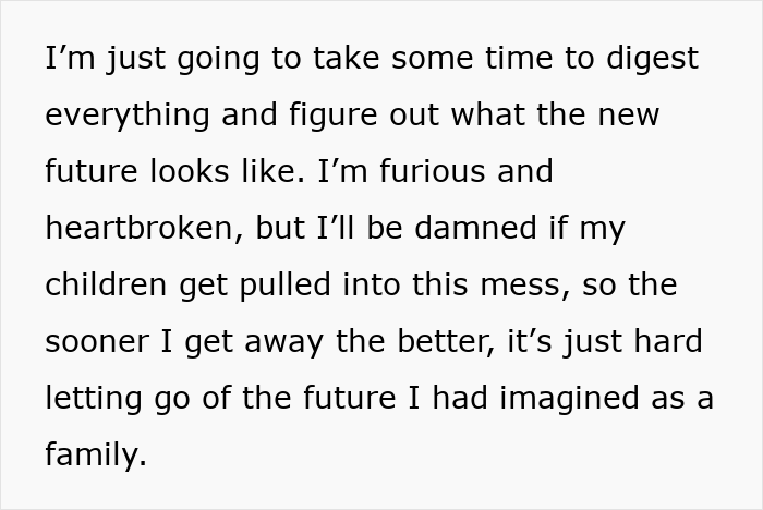 Text showing emotional message about processing heartbreak and protecting children from family lies discovered by woman.