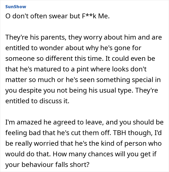 Text conversation discussing a woman shocked after overhearing boyfriend&rsquo;s parents talking about her and wanting to cut them off.