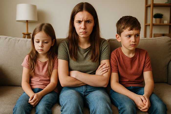 Teen refuses to babysit step-siblings for a week, sitting with a frustrated expression between two upset children on couch