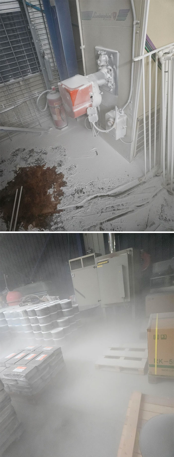 Industrial work area covered in white powder from a storage tank leak, showcasing an epic work fail incident.