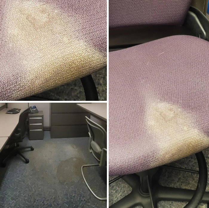 Work fail showing a damaged office chair seat and a large stain on the office carpet floor.