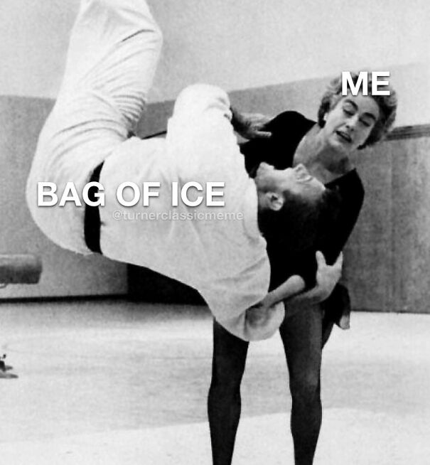 Black and white meme showing a woman labeled Me throwing a man labeled Bag of Ice, funny summer memes humor concept.