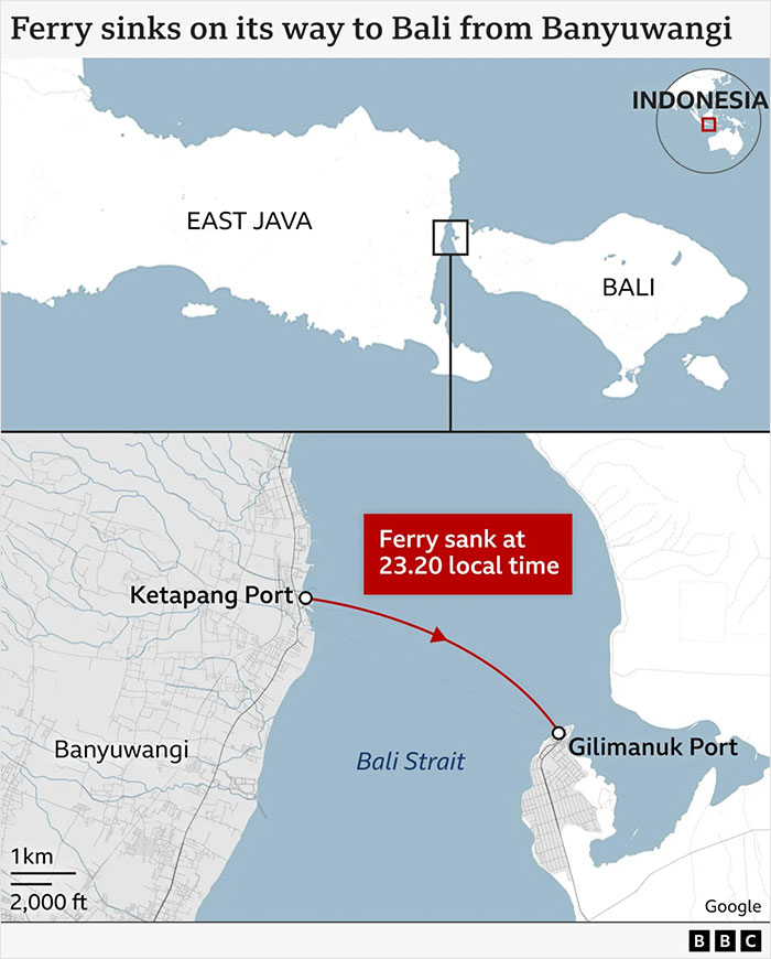 Map showing ferry route from Banyuwangi to Bali where ferry sank in Bali Strait, with several people lost and many still missing.