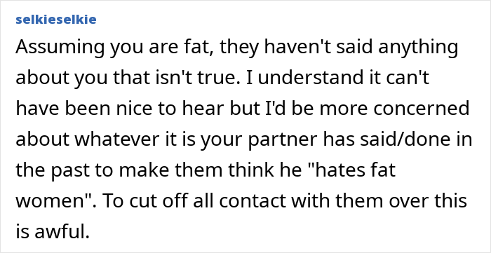 Comment on a forum post, discussing a woman shocked after overhearing boyfriend&rsquo;s parents talking about her.