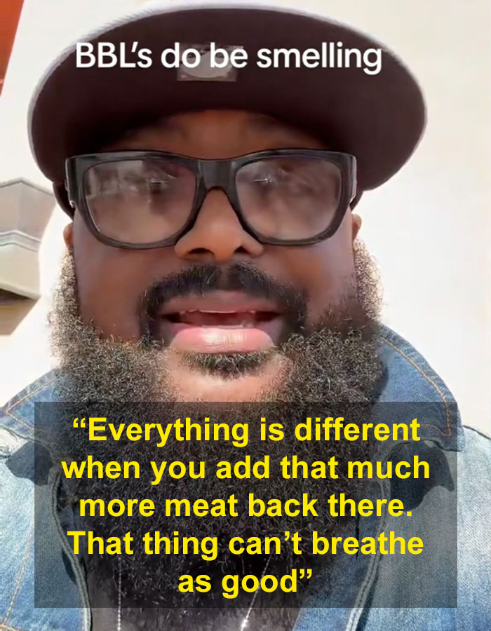 Man wearing glasses and a hat discusses BBL smell issues and challenges patients face wiping properly after surgery.