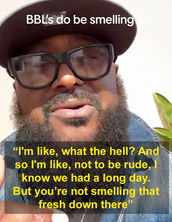 Man with glasses and hat discussing the BBL smell as patients report struggle to wipe properly after surgery.