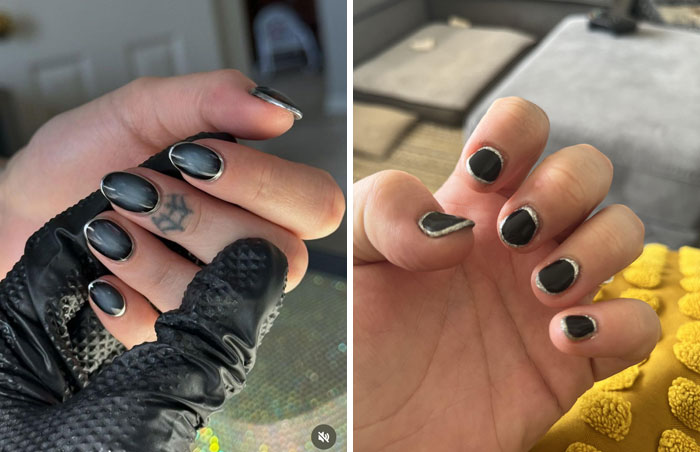 Before and after photos showing a salon glow-up with manicured nails and a disappointing nail breakdown.