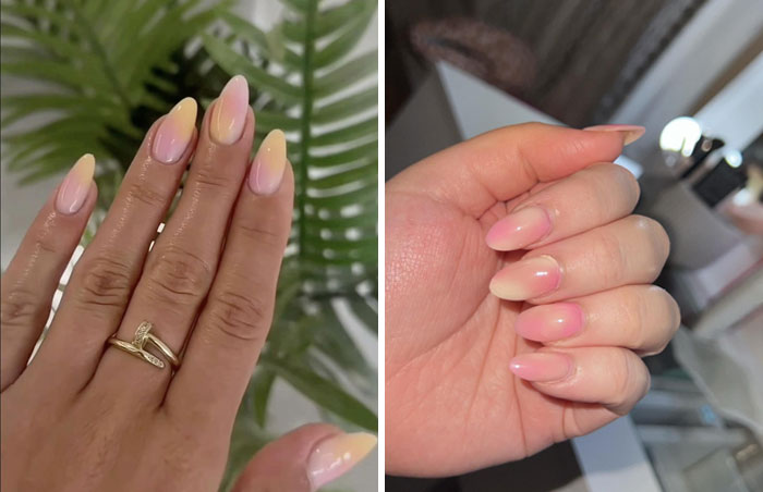 Side-by-side images of natural ombre nail designs showing salon glow-up results on well-manicured hands.