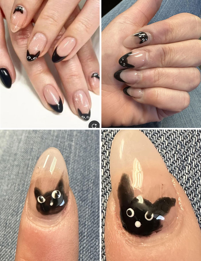 Black cat nail art design examples showing creative salon glow-up attempts and nail breakdowns.
