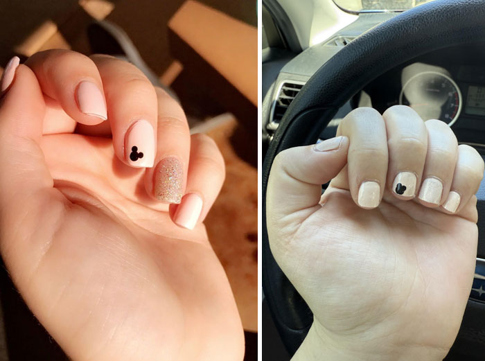 Close-up of manicured hands with light-colored nail polish and small black design, illustrating salon glow-up results.