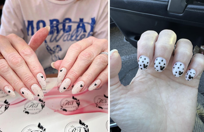 Comparison of two nail designs showing glow-up and disappointing salon results on manicured hands.