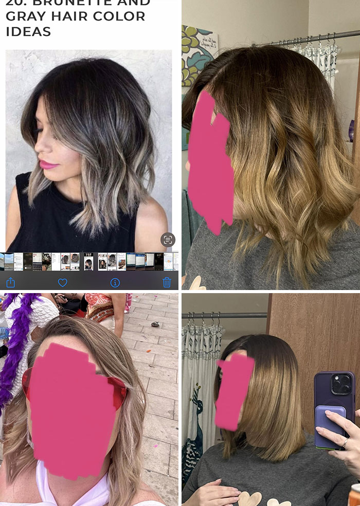 Collage of brunette and gray hair color ideas with shoulder-length wavy and straight hairstyles for a salon glow-up.