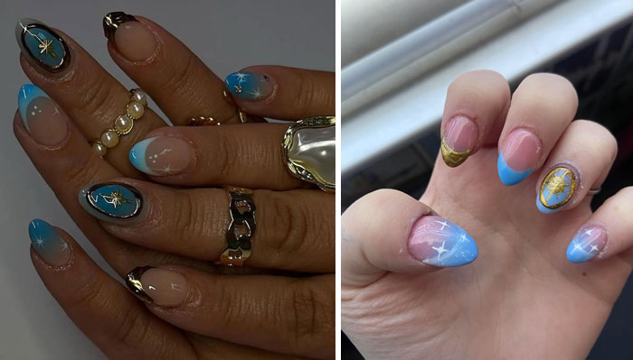 Close-up of two hands with blue and gold nail art, highlighting salon glow-up results and creative nail designs.