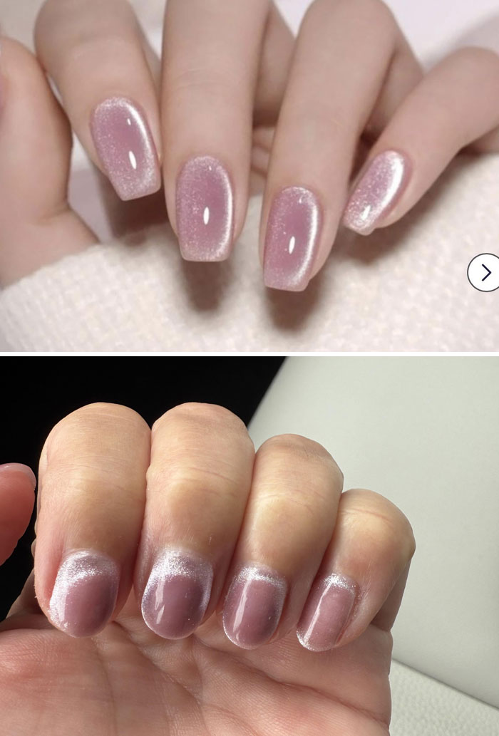 Before and after photos of a nail salon glow-up showing a polished manicure that resulted in a disappointing breakdown.