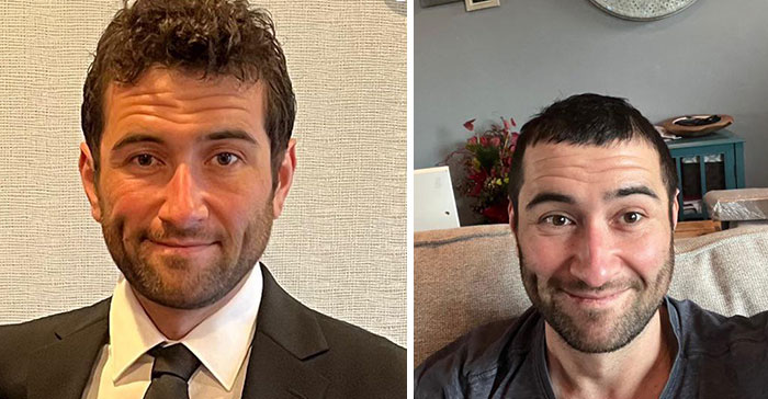 Before and after salon photos of a man showing unexpected results from a glow-up that led to a breakdown reaction.