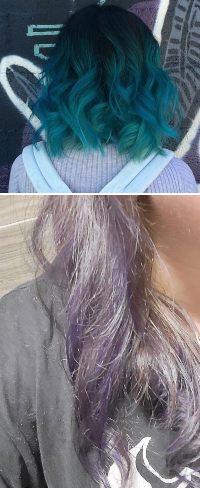 Two photos showing hair with vibrant blue and purple colors, illustrating salon glow-up results and hair transformations.