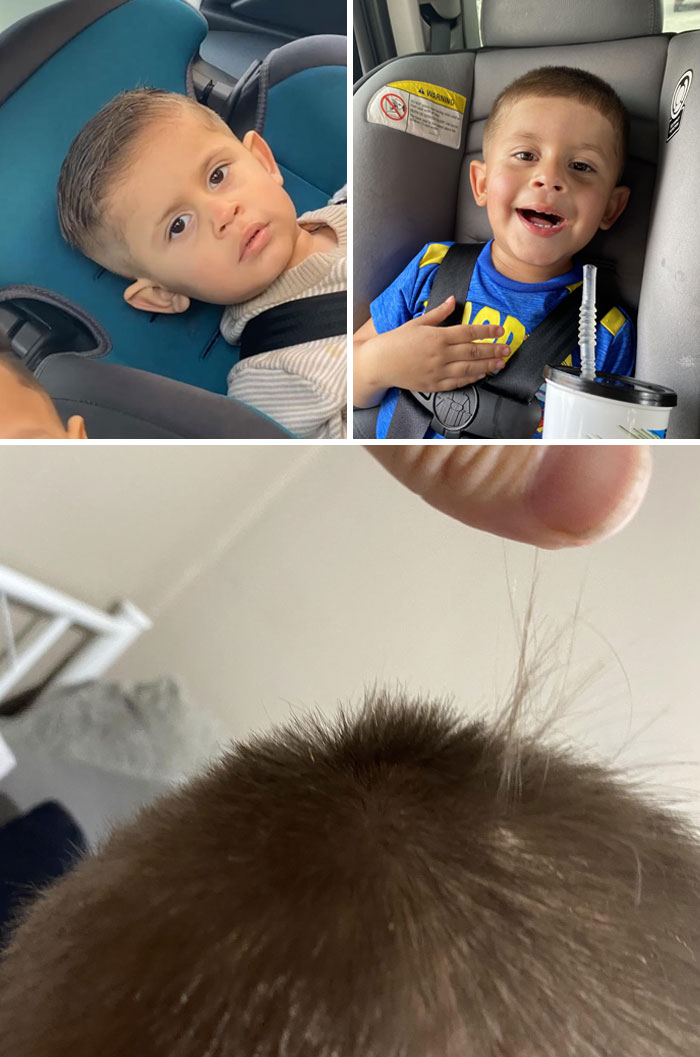 Young boy in car seat before and after salon haircut showing a few strands of hair pulled out highlighting salon glow-up breakdown.
