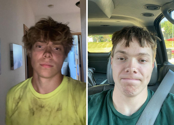 Before and after salon photos showing a man’s hair transformation with glow-up results and emotional breakdown moments.