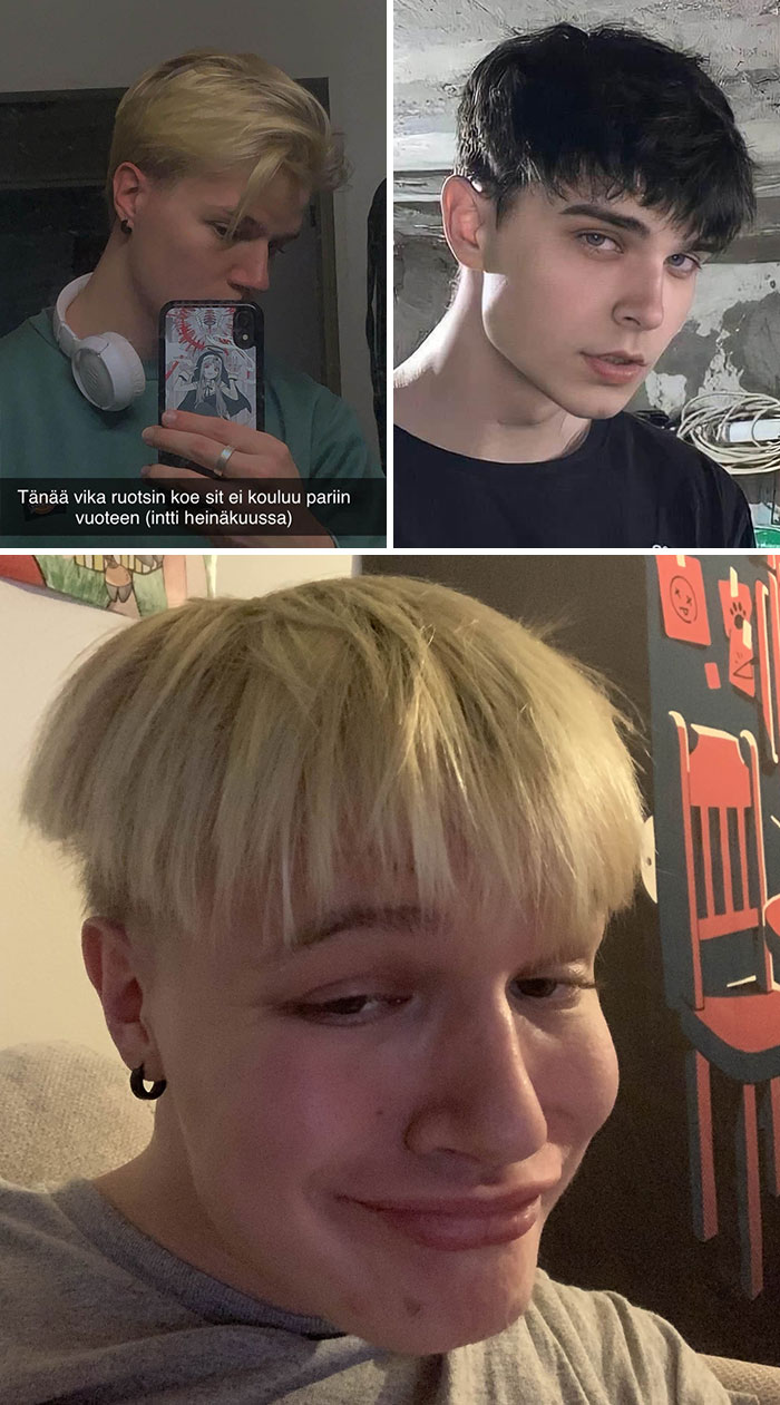 Three young people showing different hairstyles and emotions after salon glow-ups and breakdowns.