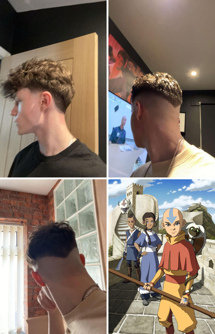 Young man showing a sharp fade haircut from multiple angles, part of a salon glow-up and breakdown collection.