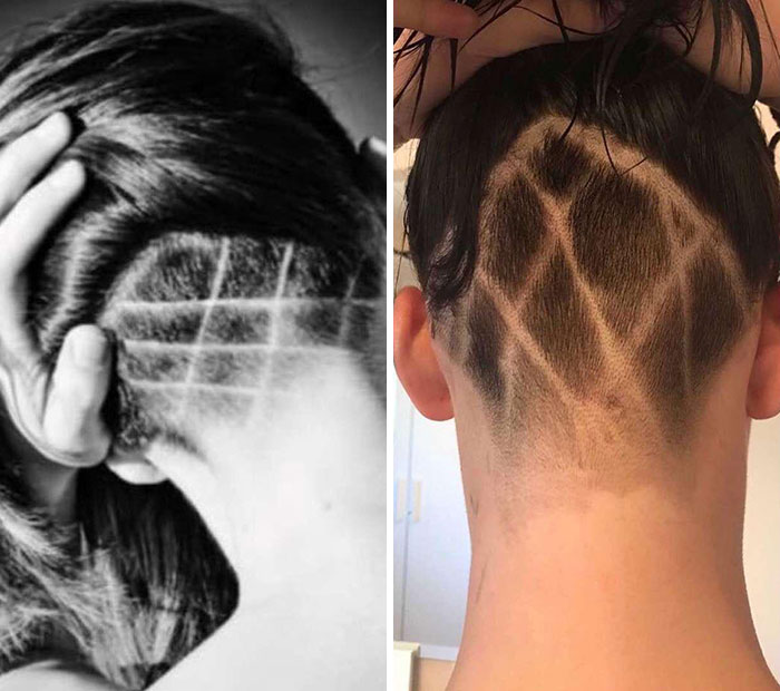 Two photos showing people with salon haircuts featuring uneven geometric shaved designs causing a glow-up breakdown.