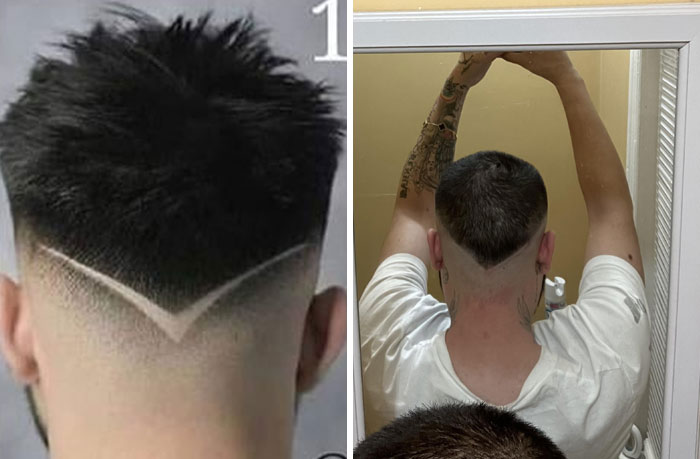 Two men showing unusual haircut designs at the back of their heads after salon glow-up attempts.