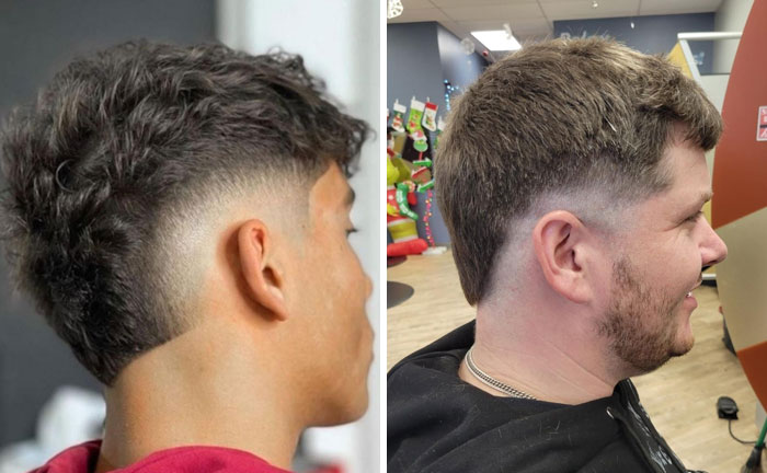 Two men with fresh haircuts showing different salon glow-up results and reactions after their haircuts.