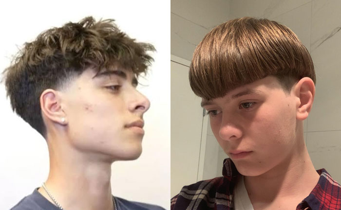 Before and after photos of young men showing salon glow-up haircuts that led to emotional breakdowns.