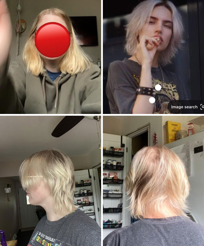Four photos showing a blonde woman’s hair transformation from a longer to a shorter, layered glow-up haircut at a salon.