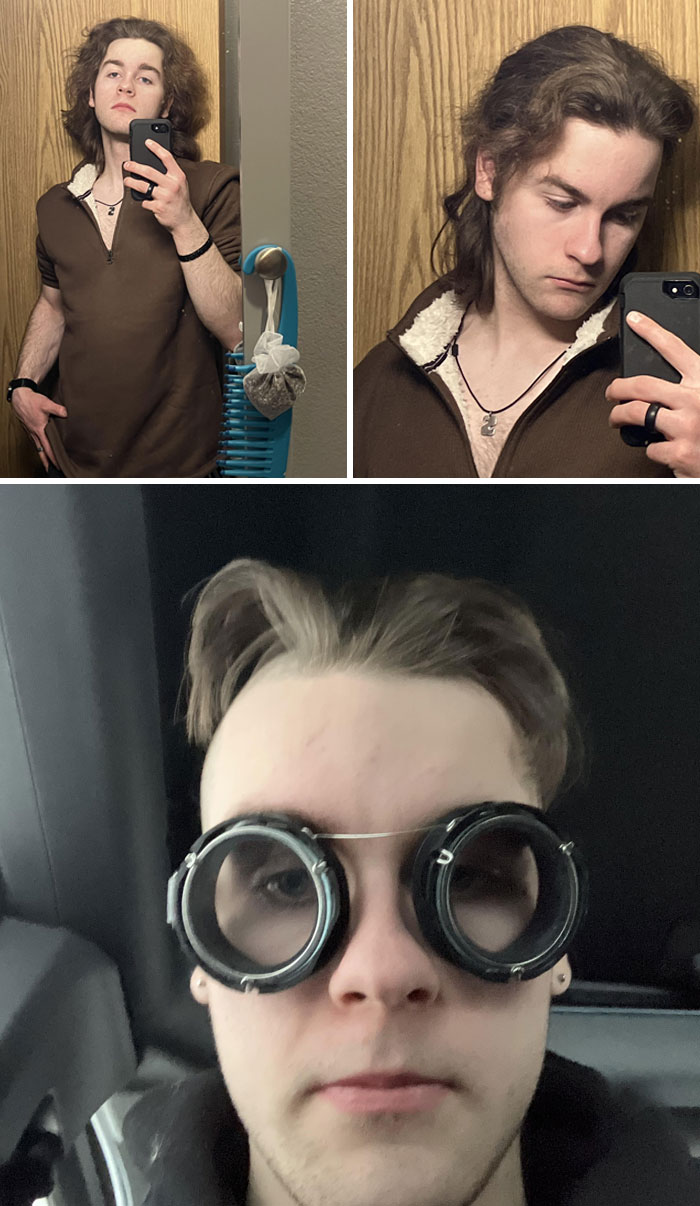 Young man showing before and after salon photos, illustrating a glow-up and emotional breakdown experience.