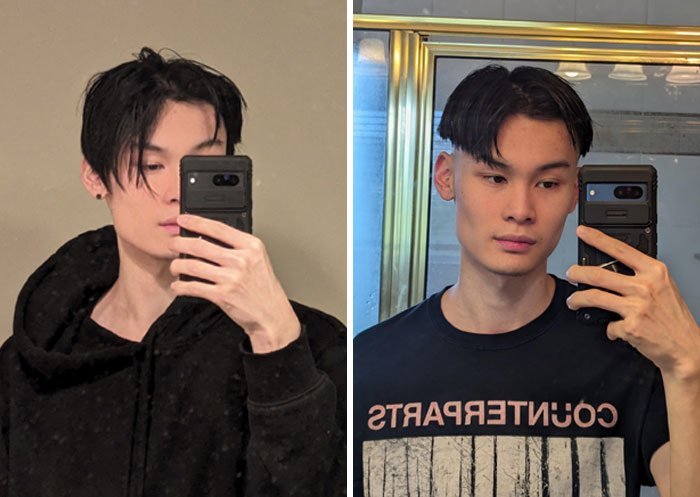Before and after photos of a young man showing a dramatic glow-up after a salon haircut transformation.