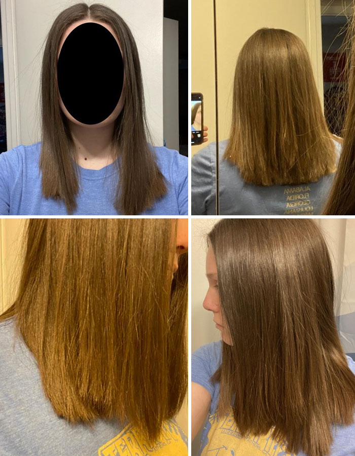 Person with medium-length straight brown hair shown from multiple angles after a salon experience that led to an emotional breakdown.