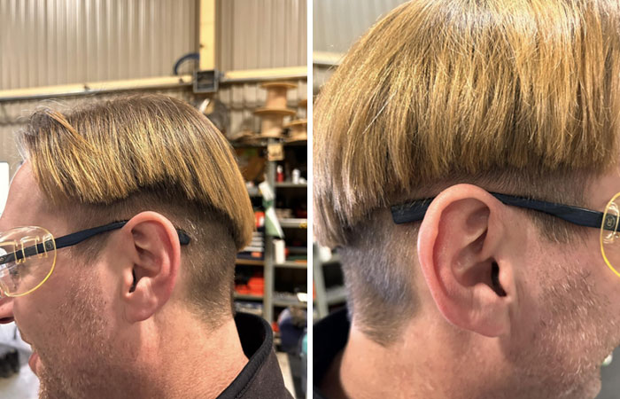 Man with uneven bowl haircut and glasses, showcasing a salon glow-up gone wrong in a workshop setting.
