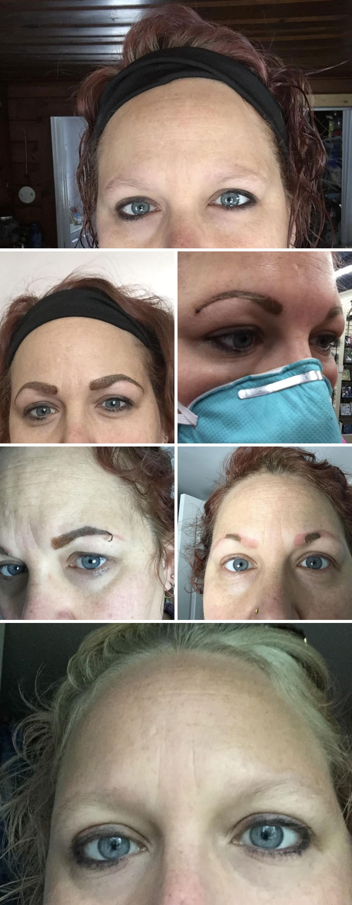 Close-up collage of a woman's eyebrow glow-up attempts showing varied salon results and facial expressions.