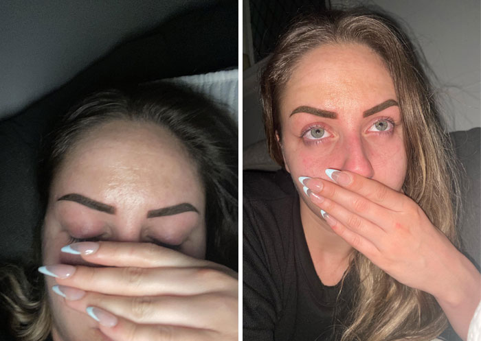 Woman covering her face, showing emotional breakdown after a salon glow-up experience in before and after photos.