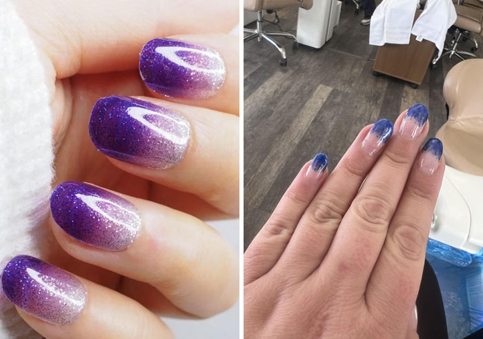 Before and after images of nails showing a failed glow-up at a salon resulting in a broken down manicure.